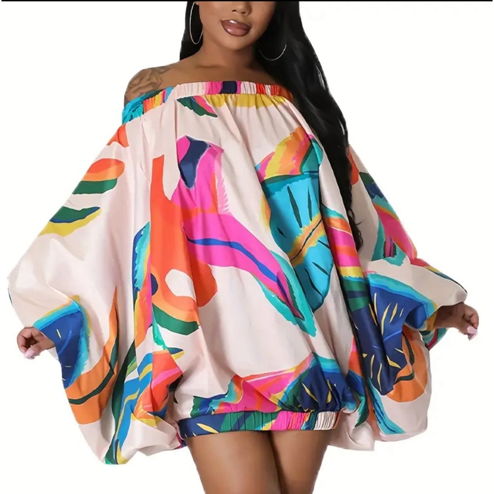 Women's Off Shoulder Abstract Print Summer Dress with Lantern Sleeves size M